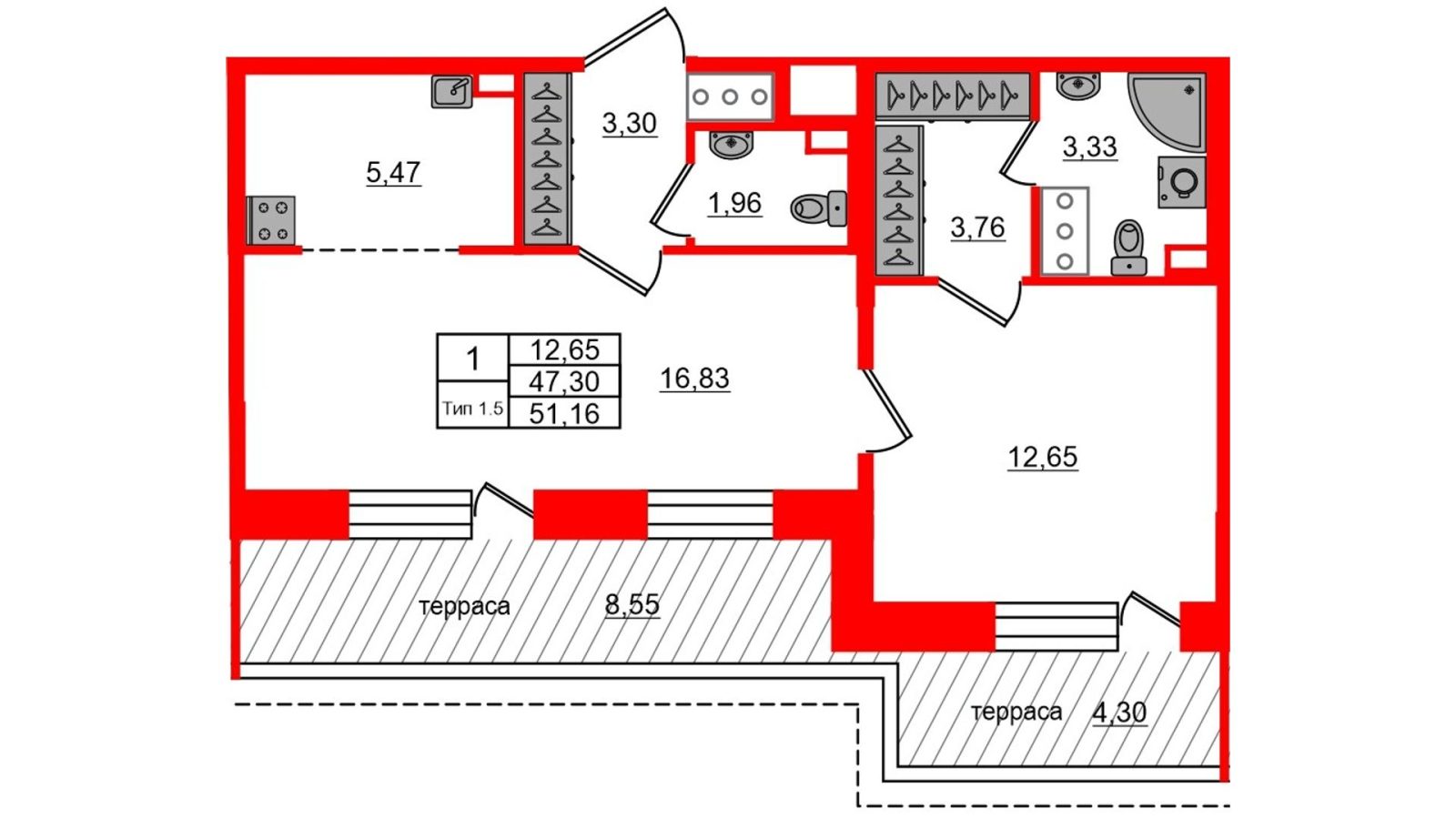 Планировка: 1-комнатная квартира, 47,3 м²