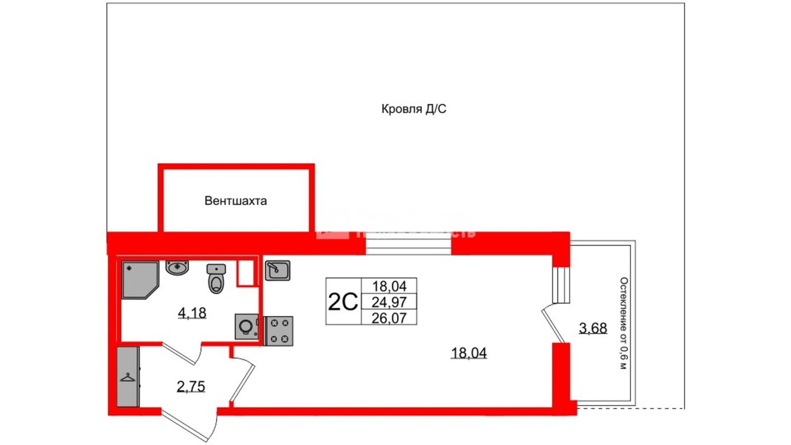 Планировка: студия, 25,0 м²