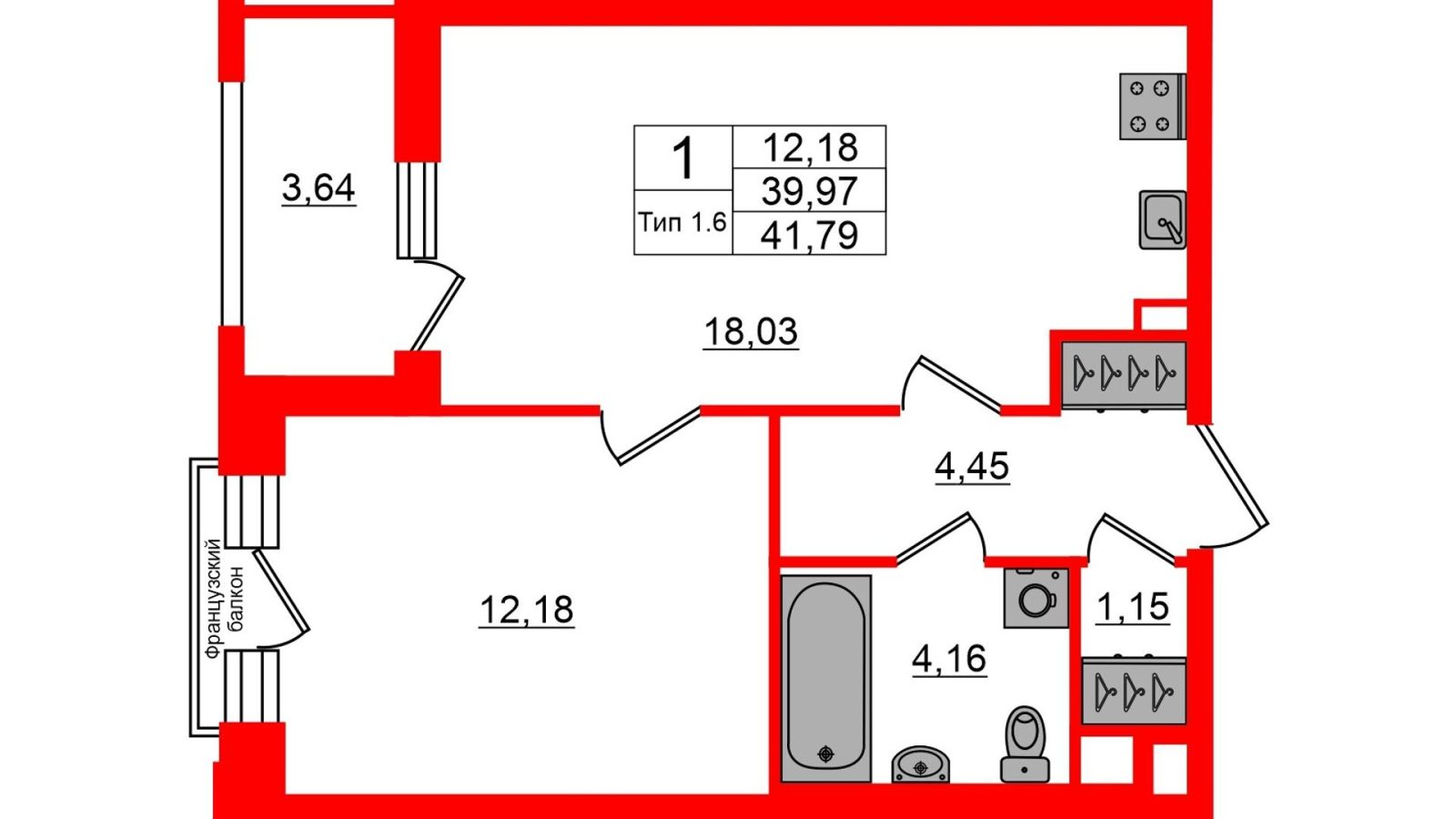 Планировка: 1-комнатная квартира, 40,0 м²