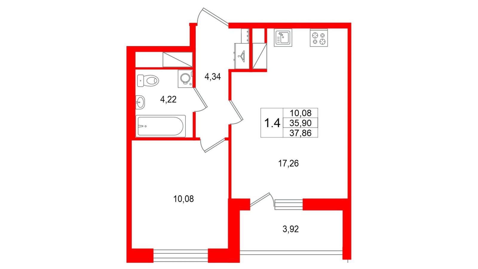 Планировка: 1-комнатная квартира, 35,9 м²