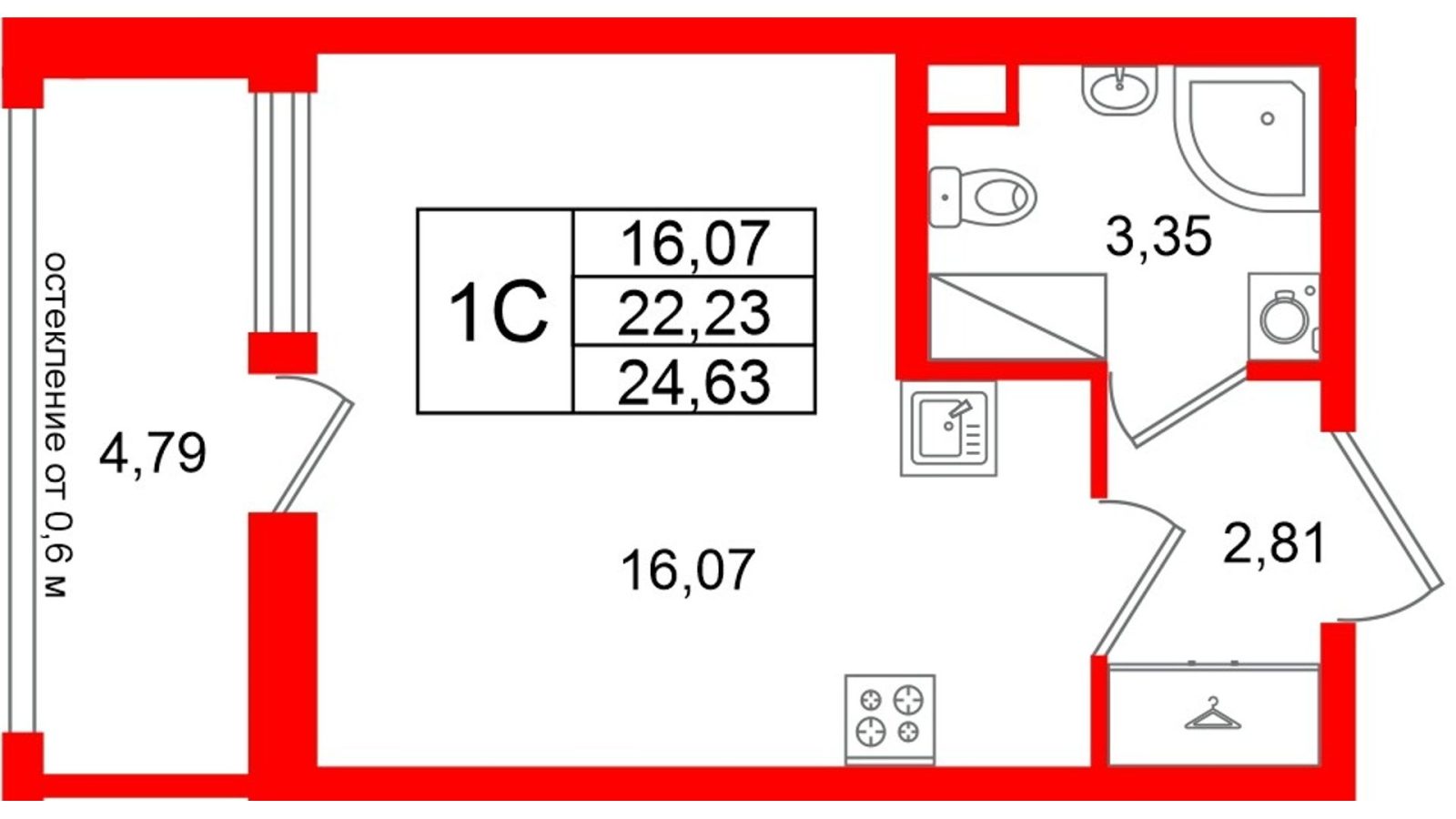 Планировка: студия, 22,2 м²