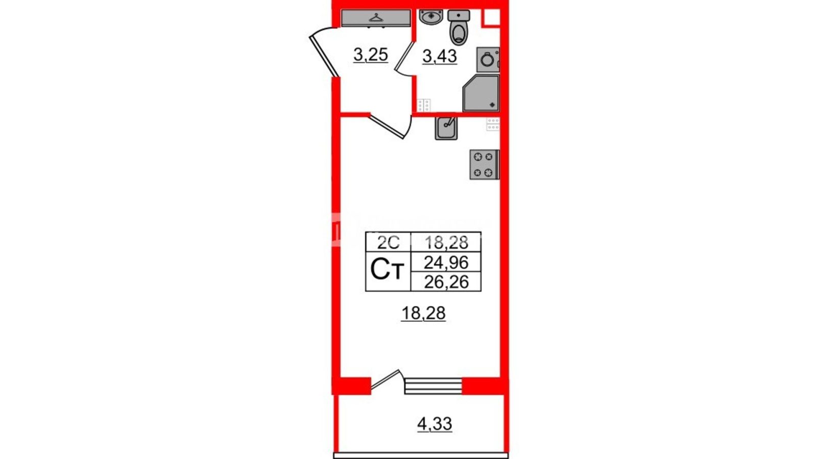 Планировка: студия, 24,5 м²