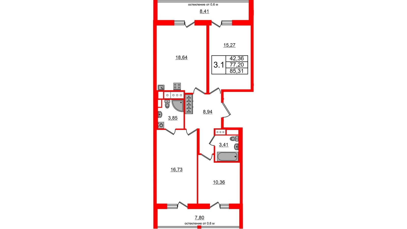 Планировка: 3-комнатная квартира, 77,2 м²