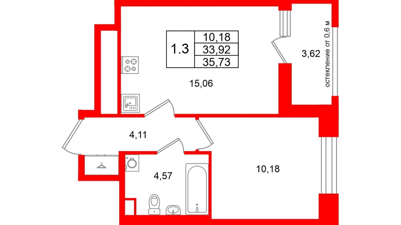 Планировка: 1-комнатная квартира, 33,9 м²