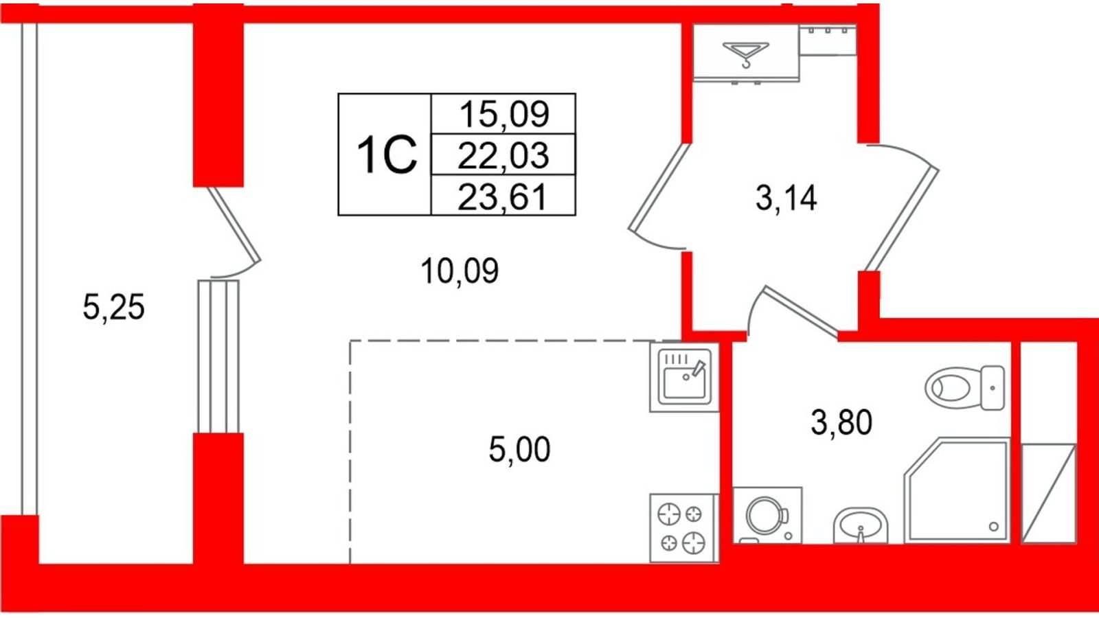 Планировка: студия, 22,0 м²