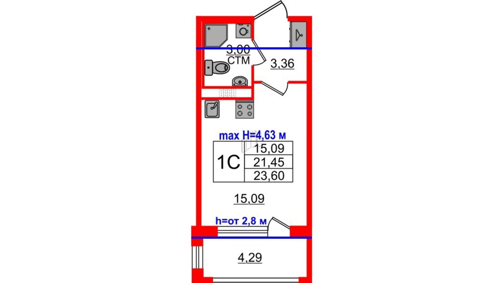 Планировка: студия, 21,5 м²