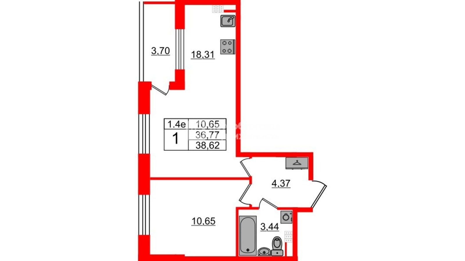 Планировка: 1-комнатная квартира, 36,0 м²