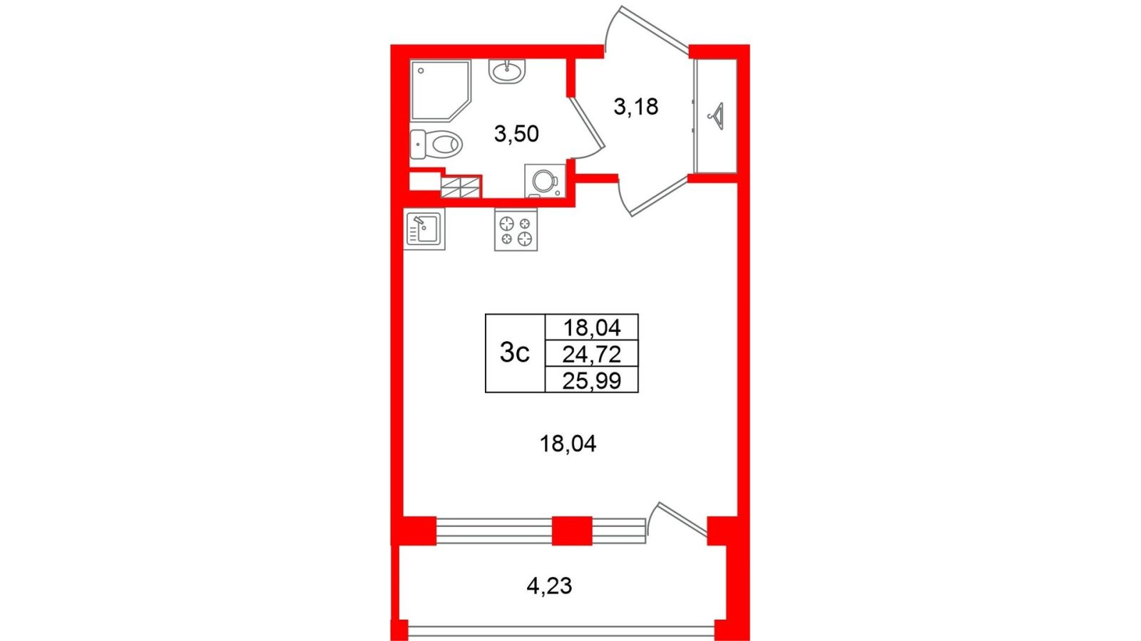 Планировка: студия, 24,7 м²