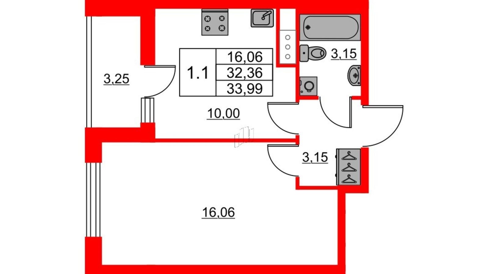 Планировка: 1-комнатная квартира, 32,4 м²