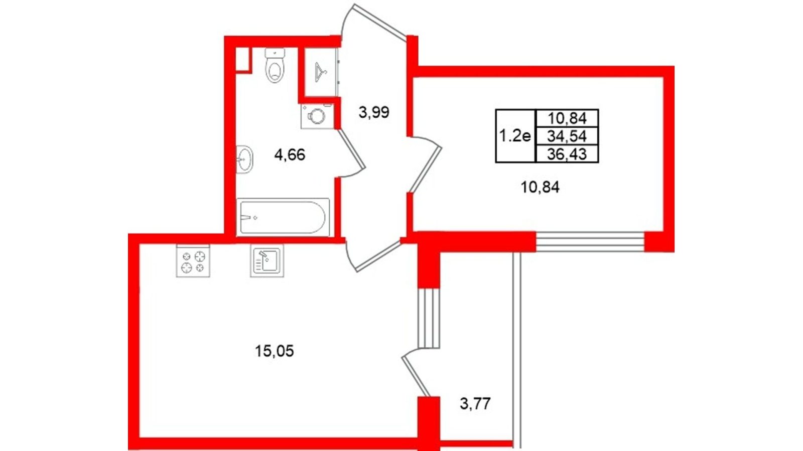 Планировка: 1-комнатная квартира, 34,5 м²