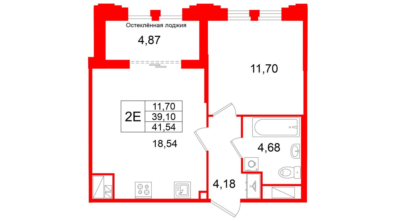 Планировка: 1-комнатная квартира, 39,1 м²