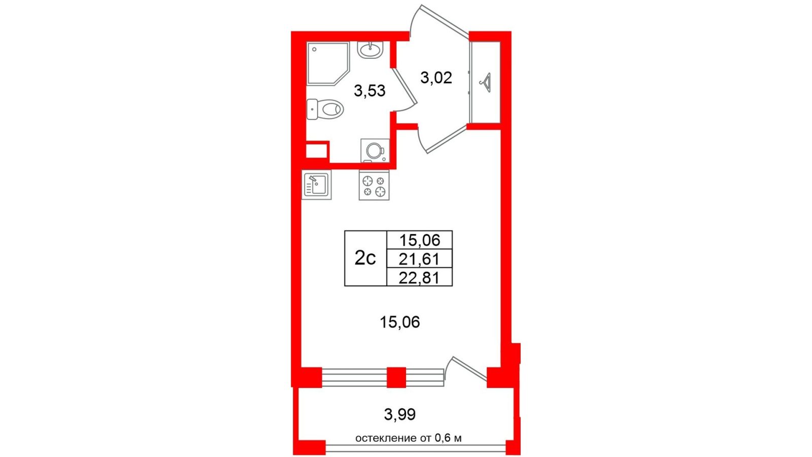 Планировка: студия, 21,6 м²