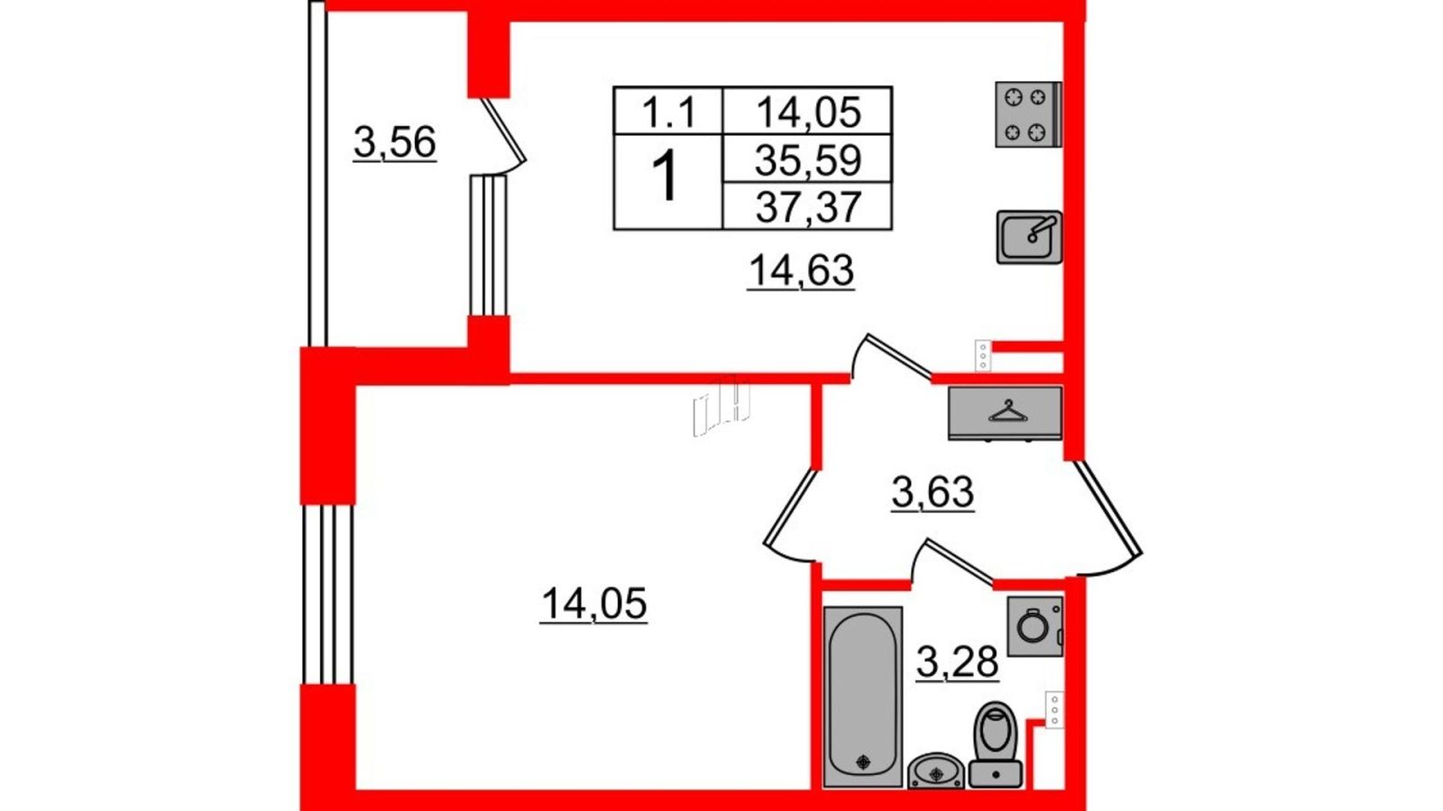 Планировка: 1-комнатная квартира, 34,8 м²