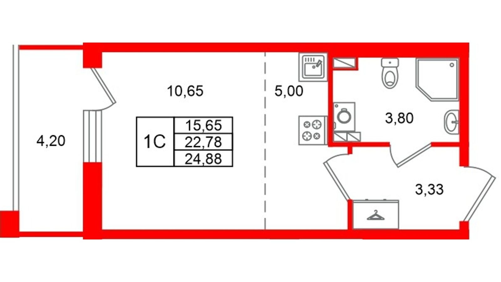 Планировка: студия, 22,8 м²
