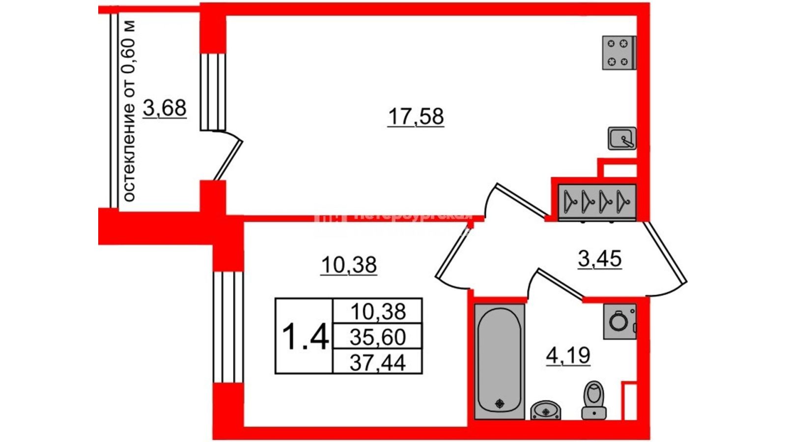 Планировка: 1-комнатная квартира, 35,6 м²