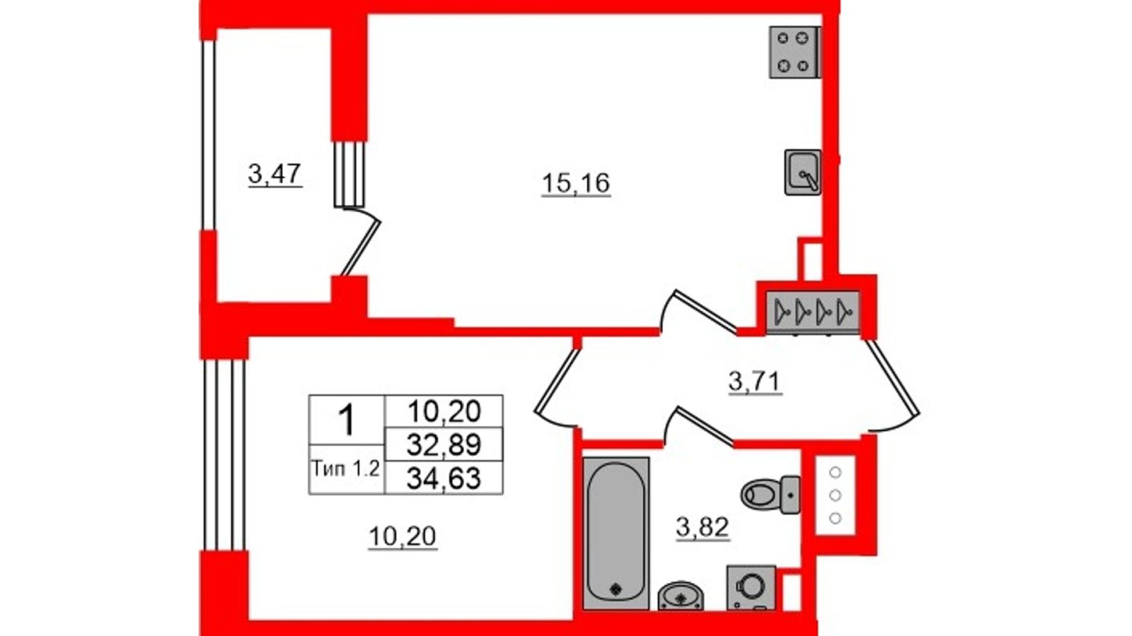 Планировка: 1-комнатная квартира, 32,9 м²