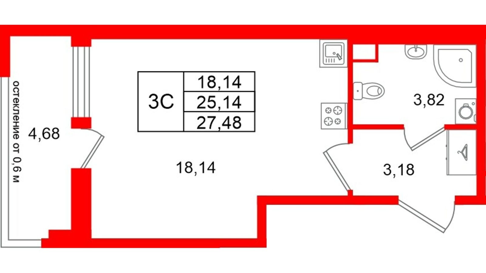Планировка: студия, 25,1 м²