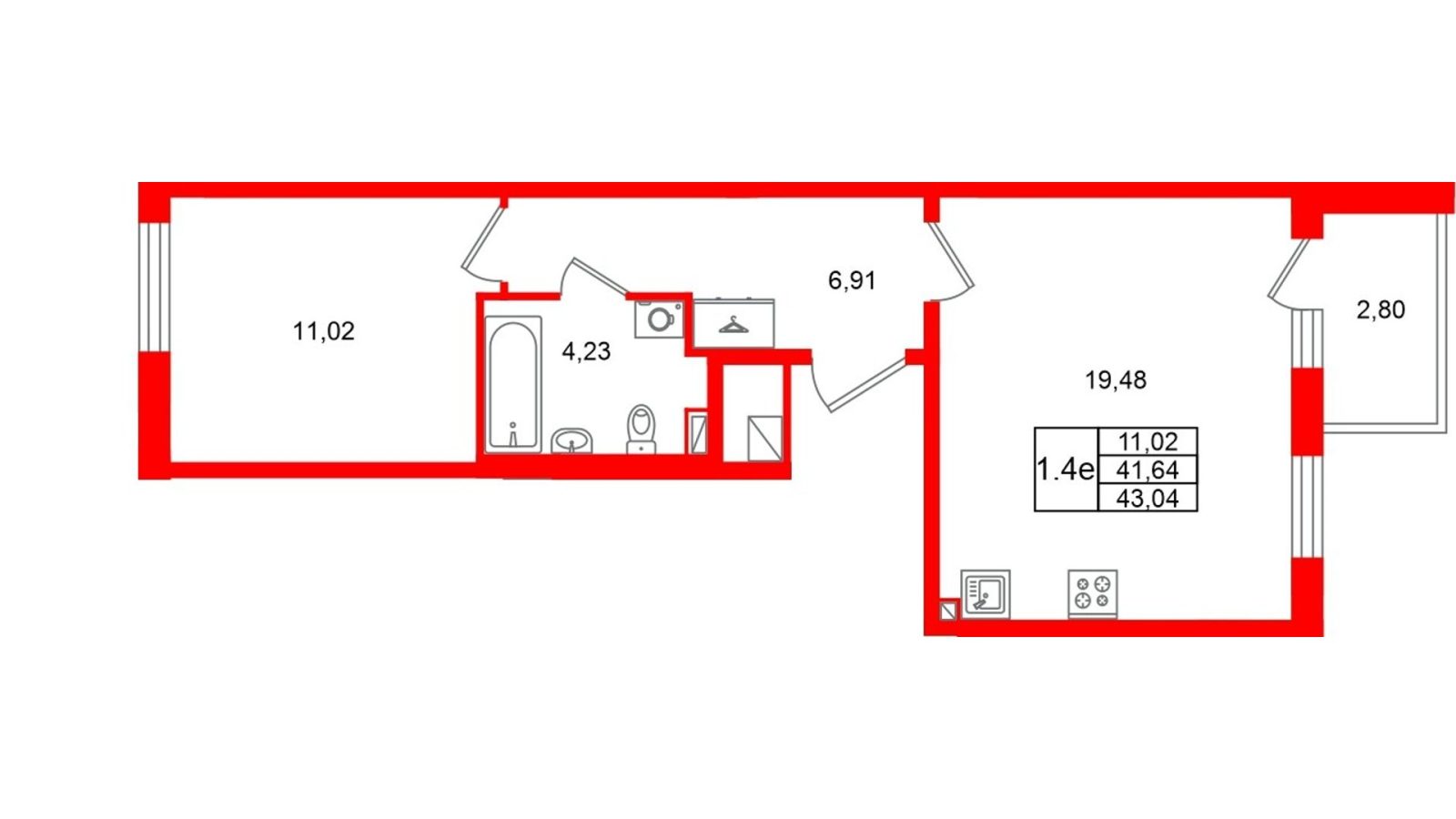 Планировка: 1-комнатная квартира, 41,6 м²