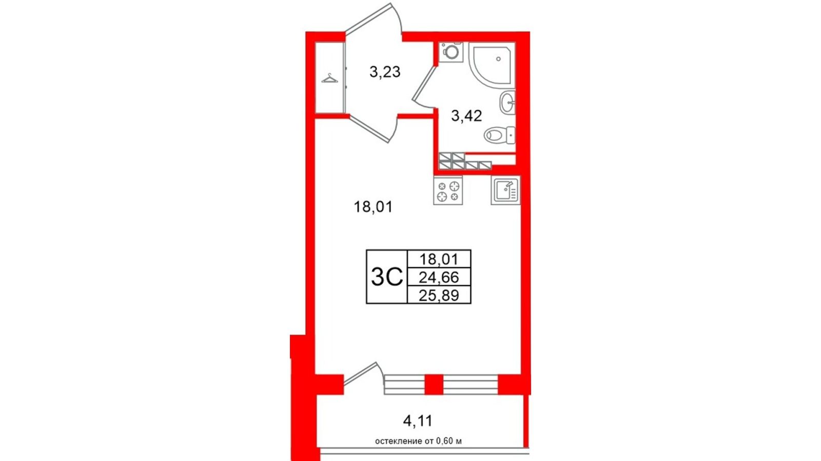 Планировка: студия, 24,7 м²