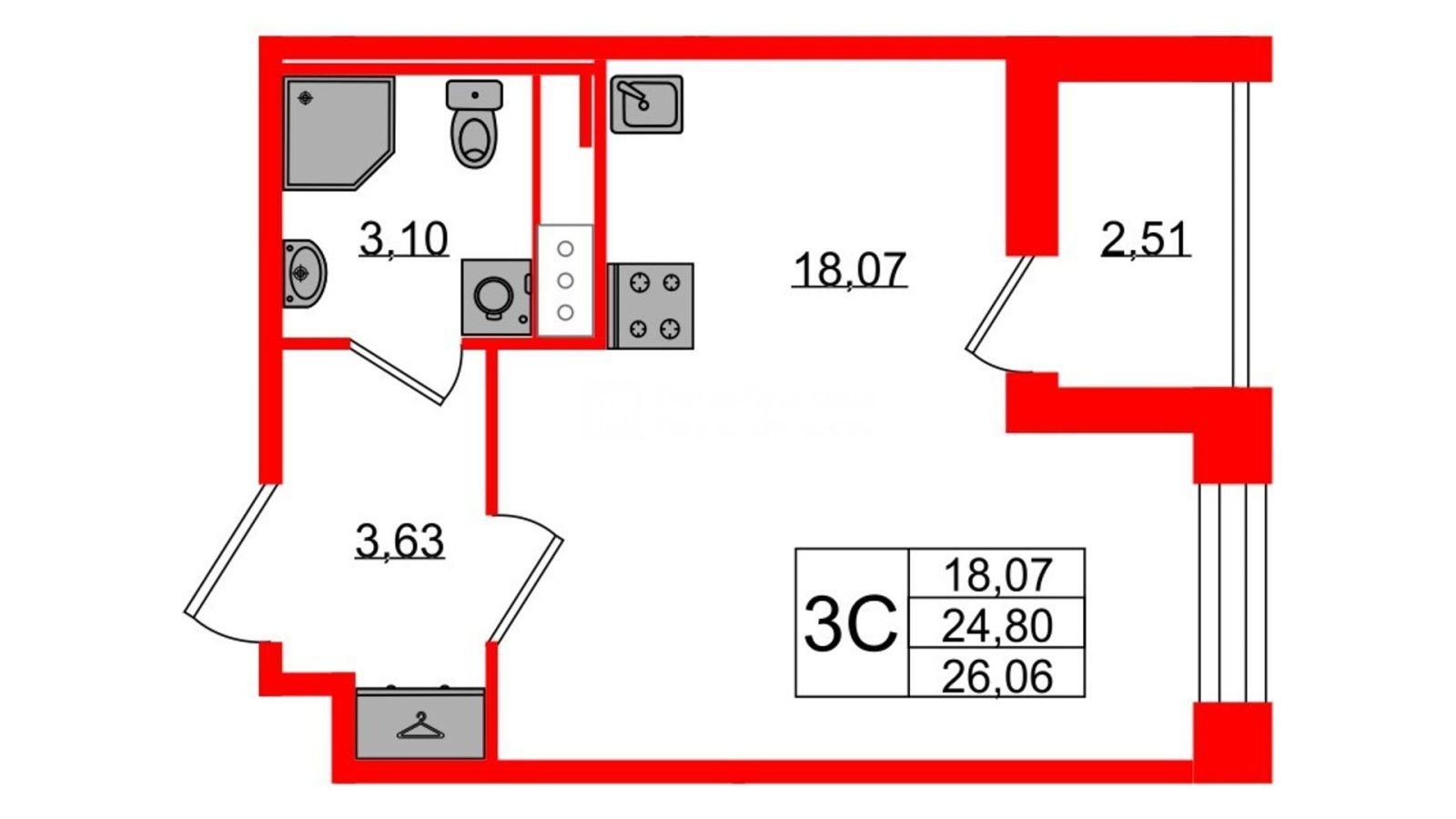 Планировка: студия, 24,8 м²