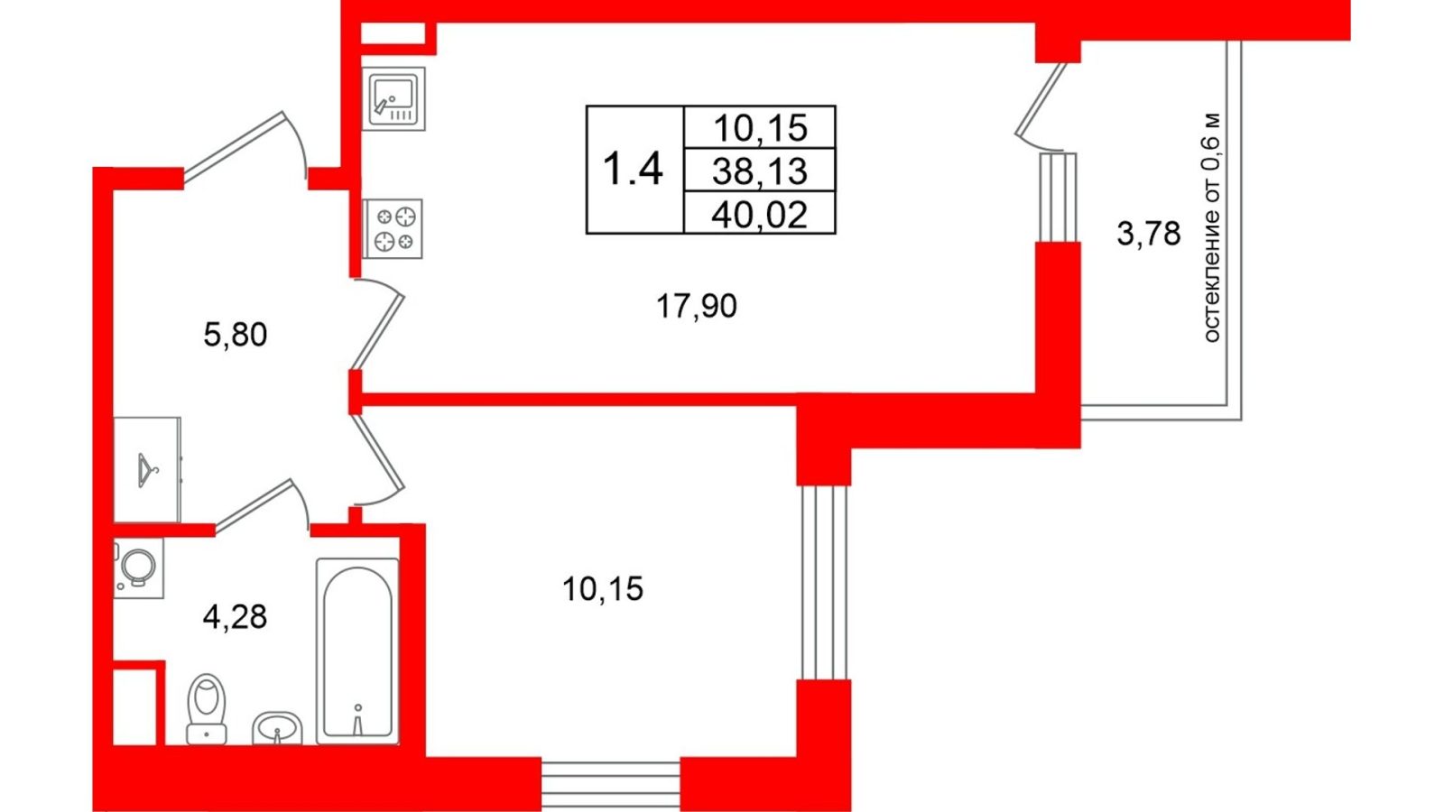 Планировка: 1-комнатная квартира, 38,1 м²