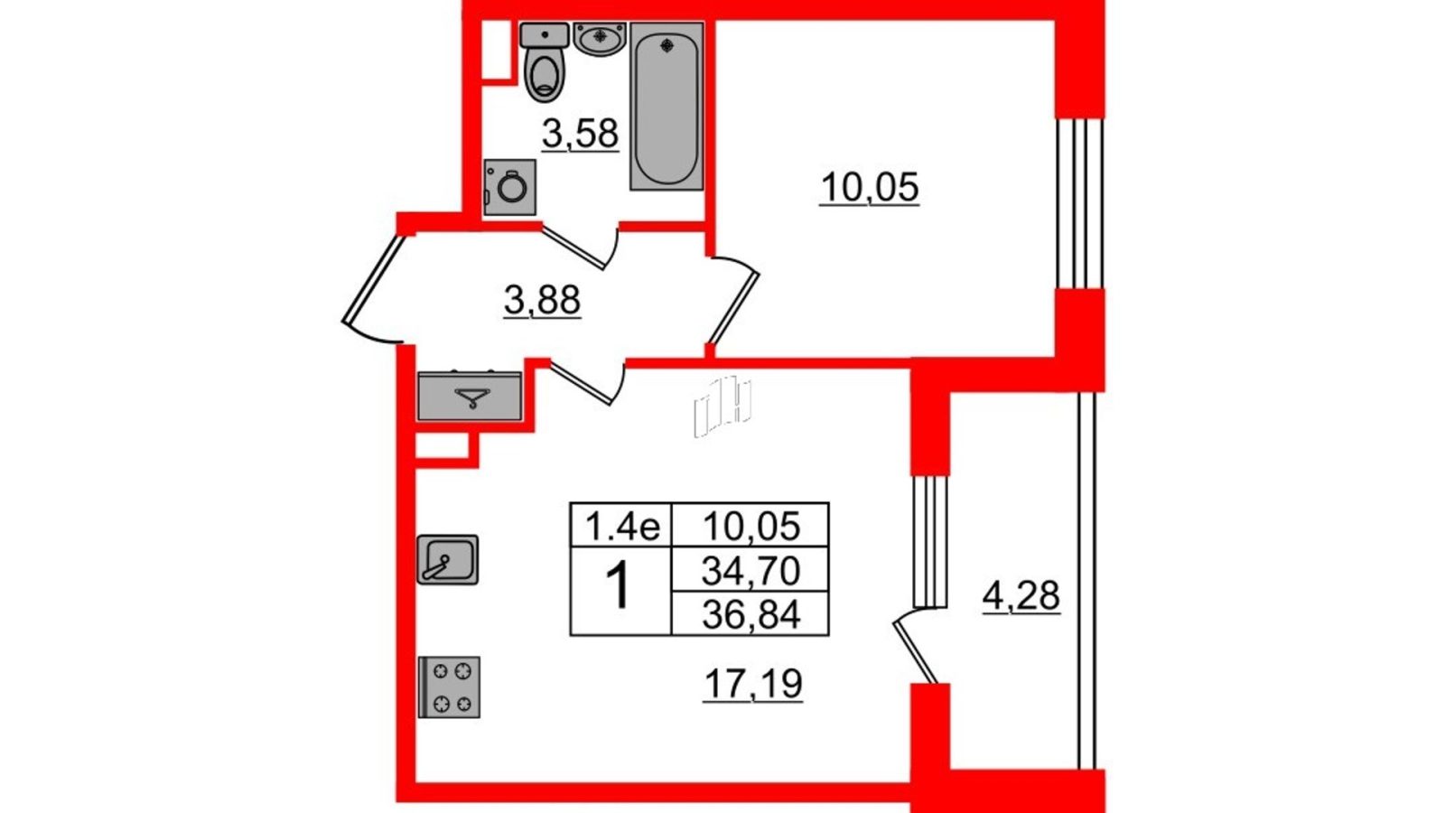Планировка: 1-комнатная квартира, 34,2 м²
