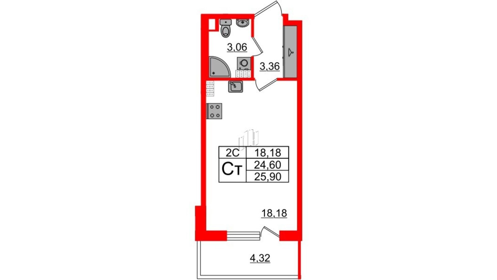 Планировка: студия, 24,6 м²