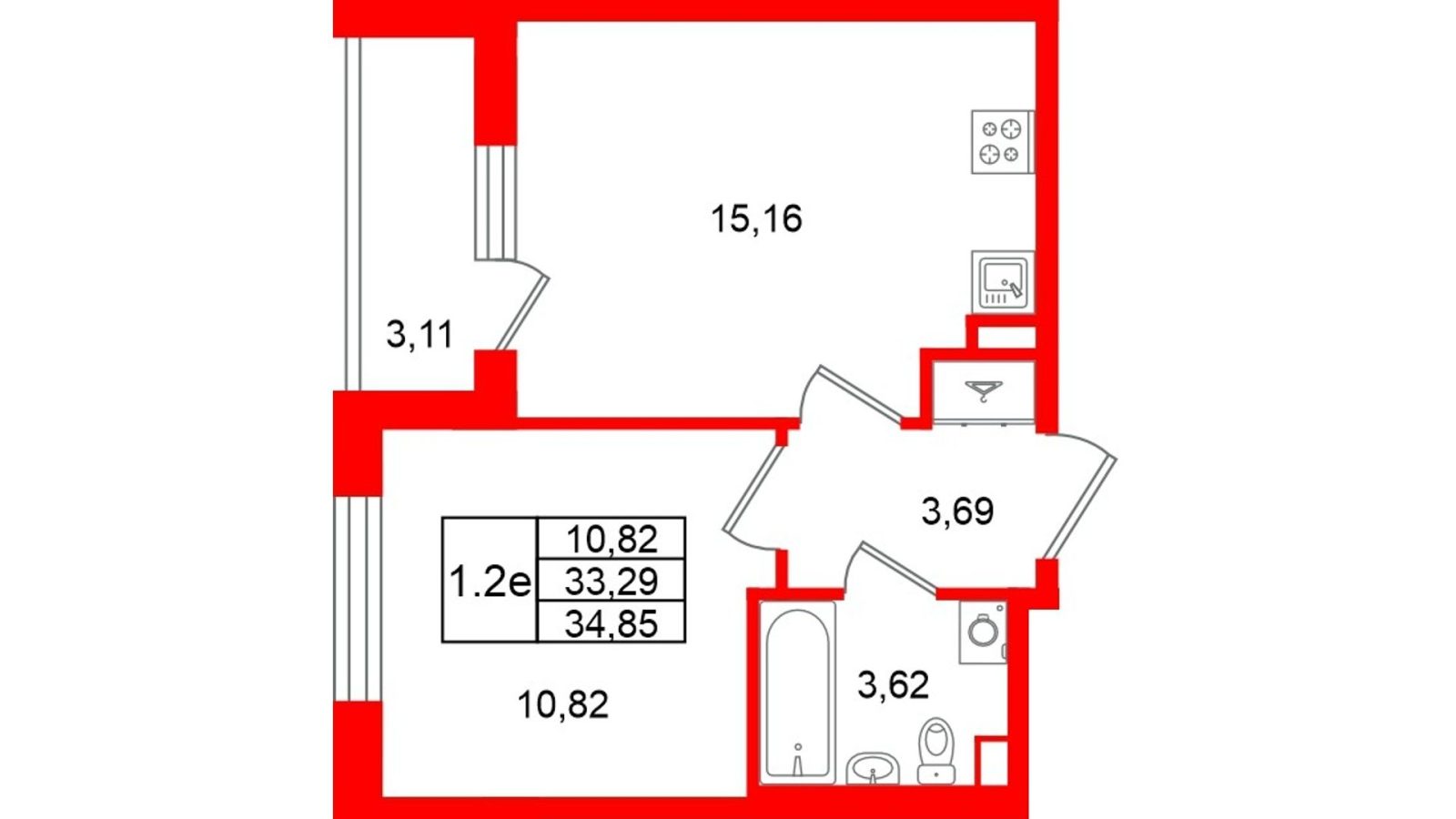 Планировка: 1-комнатная квартира, 33,3 м²