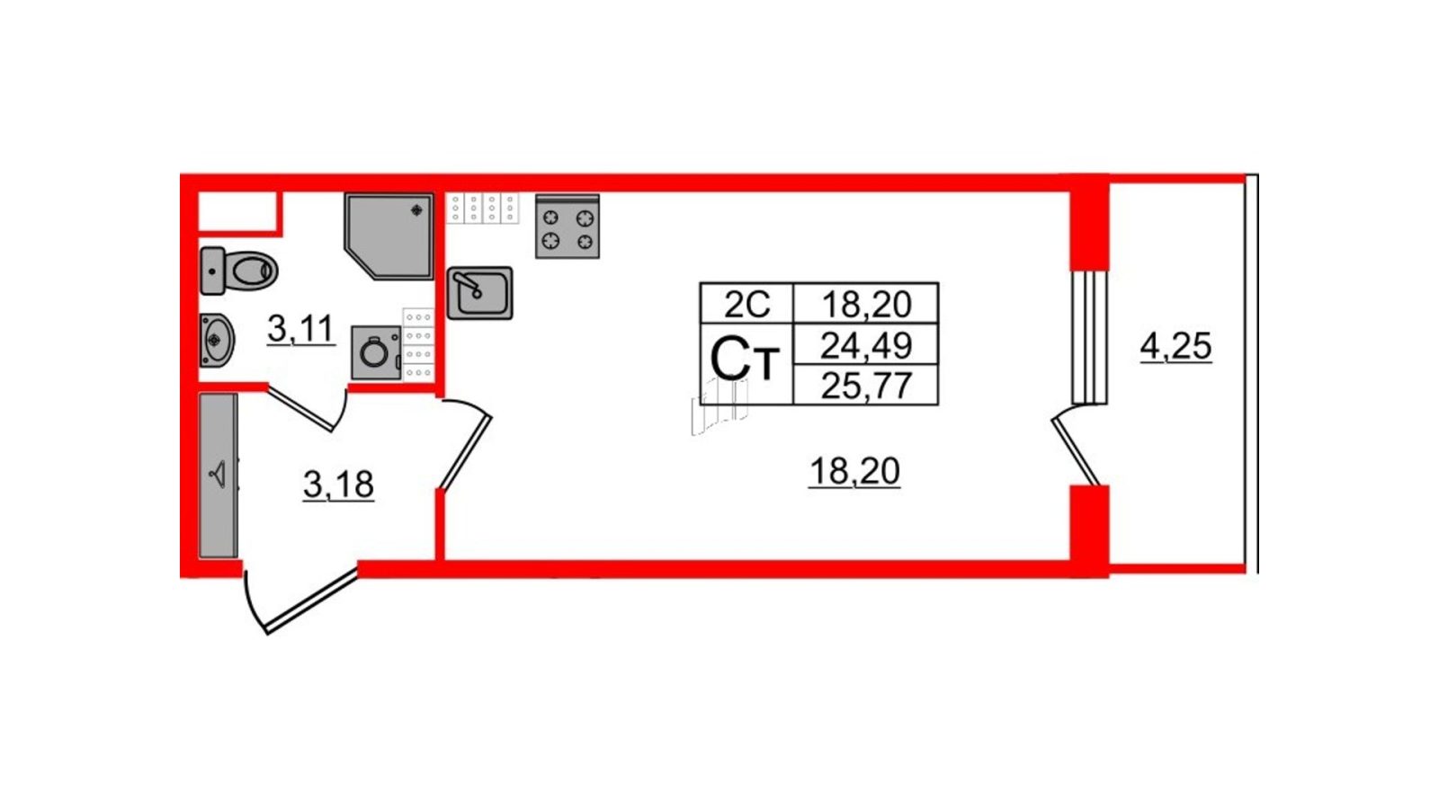 Планировка: студия, 24,1 м²