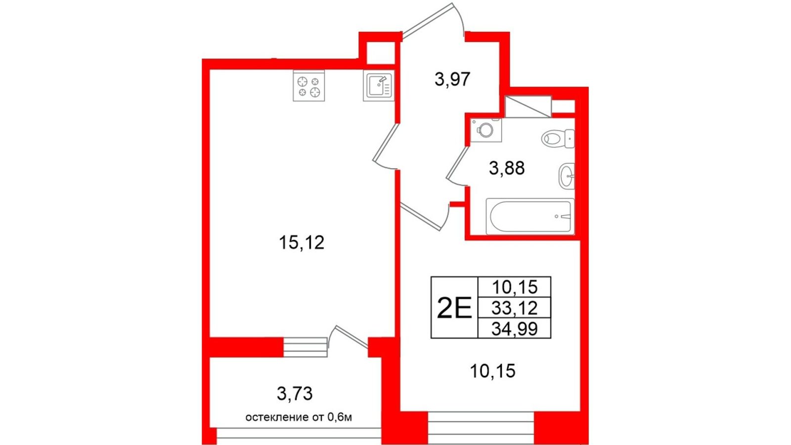 Планировка: 1-комнатная квартира, 33,1 м²