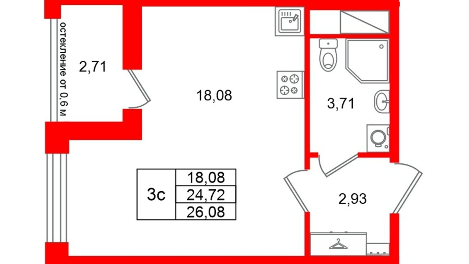 Планировка: студия, 24,7 м²
