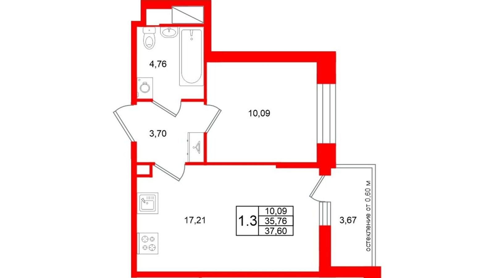 Планировка: 1-комнатная квартира, 35,8 м²