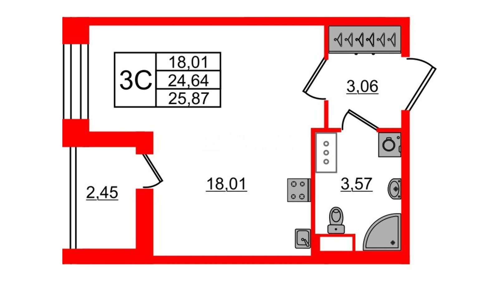 Планировка: студия, 24,6 м²