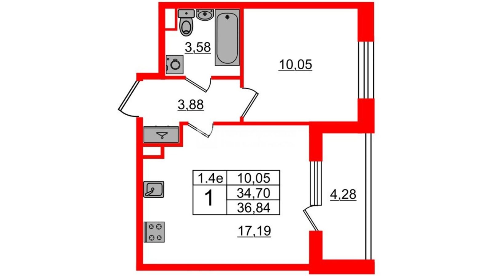 Планировка: 1-комнатная квартира, 33,9 м²
