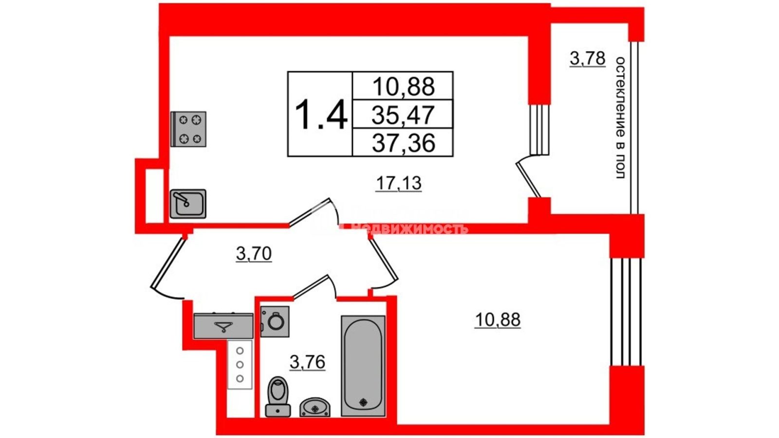 Планировка: 1-комнатная квартира, 35,5 м²