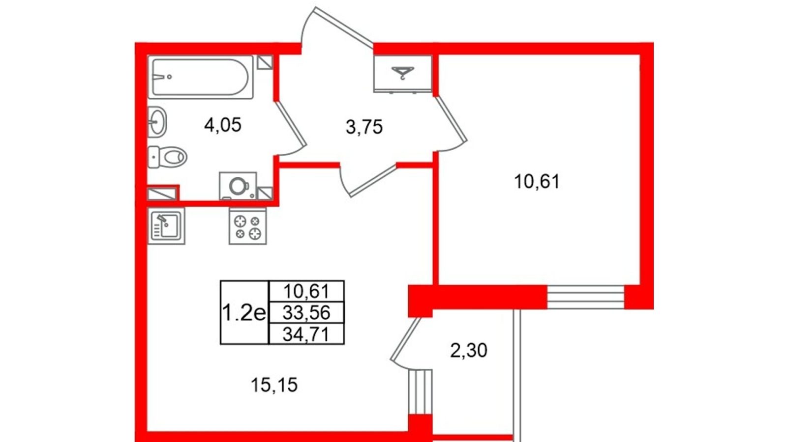 Планировка: 1-комнатная квартира, 33,6 м²