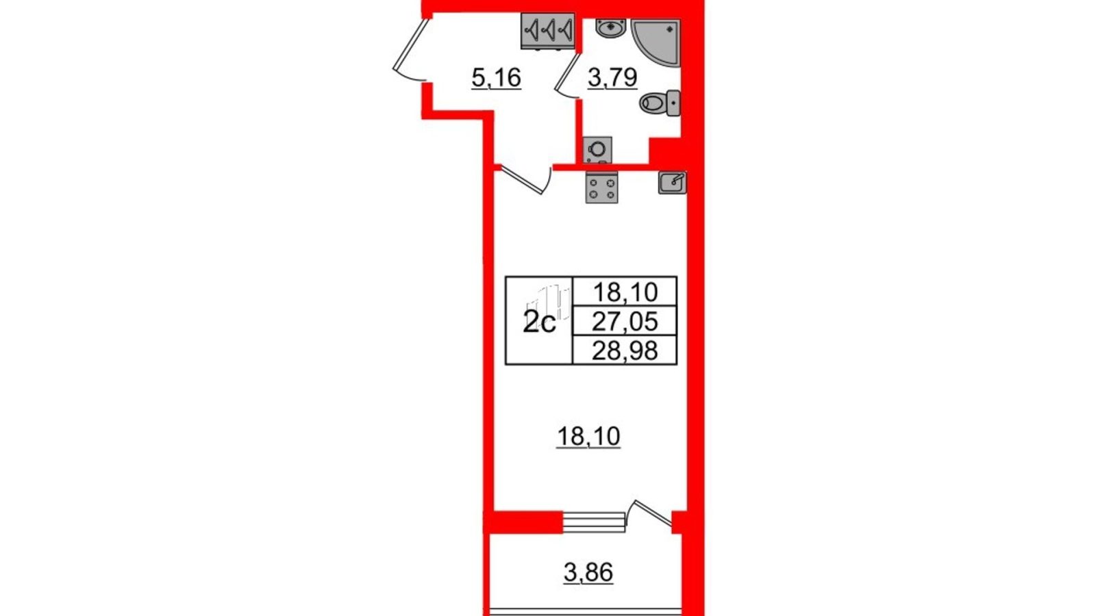 Планировка: студия, 27,1 м²