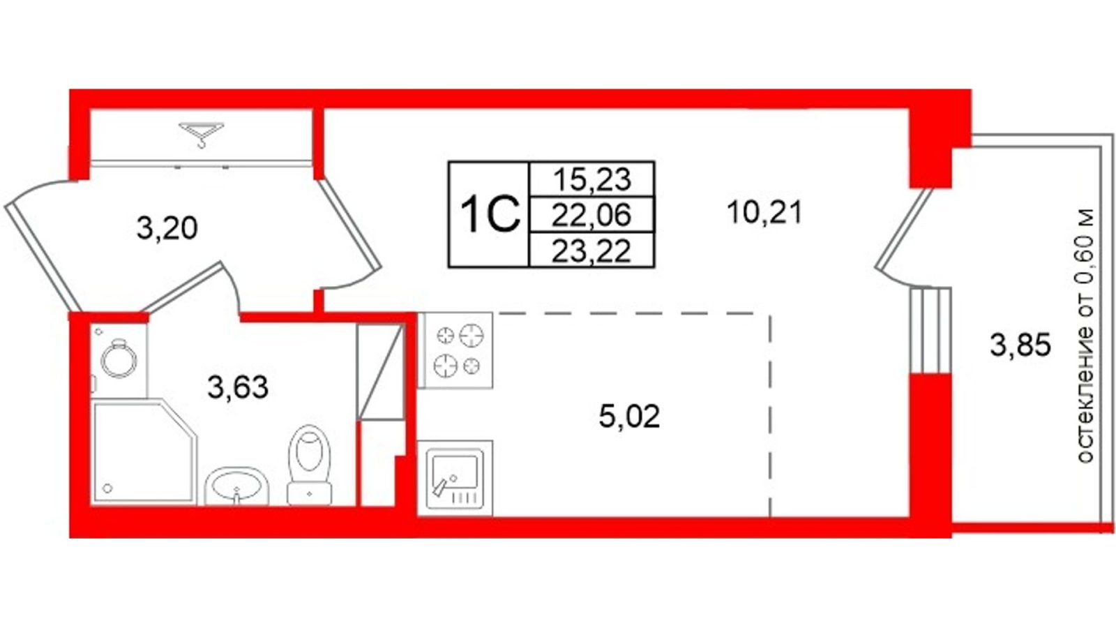 Планировка: студия, 22,1 м²
