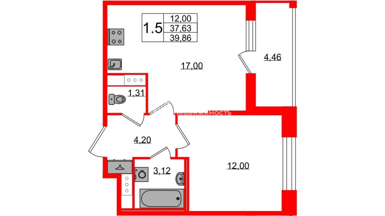 Планировка: 1-комнатная квартира, 37,6 м²
