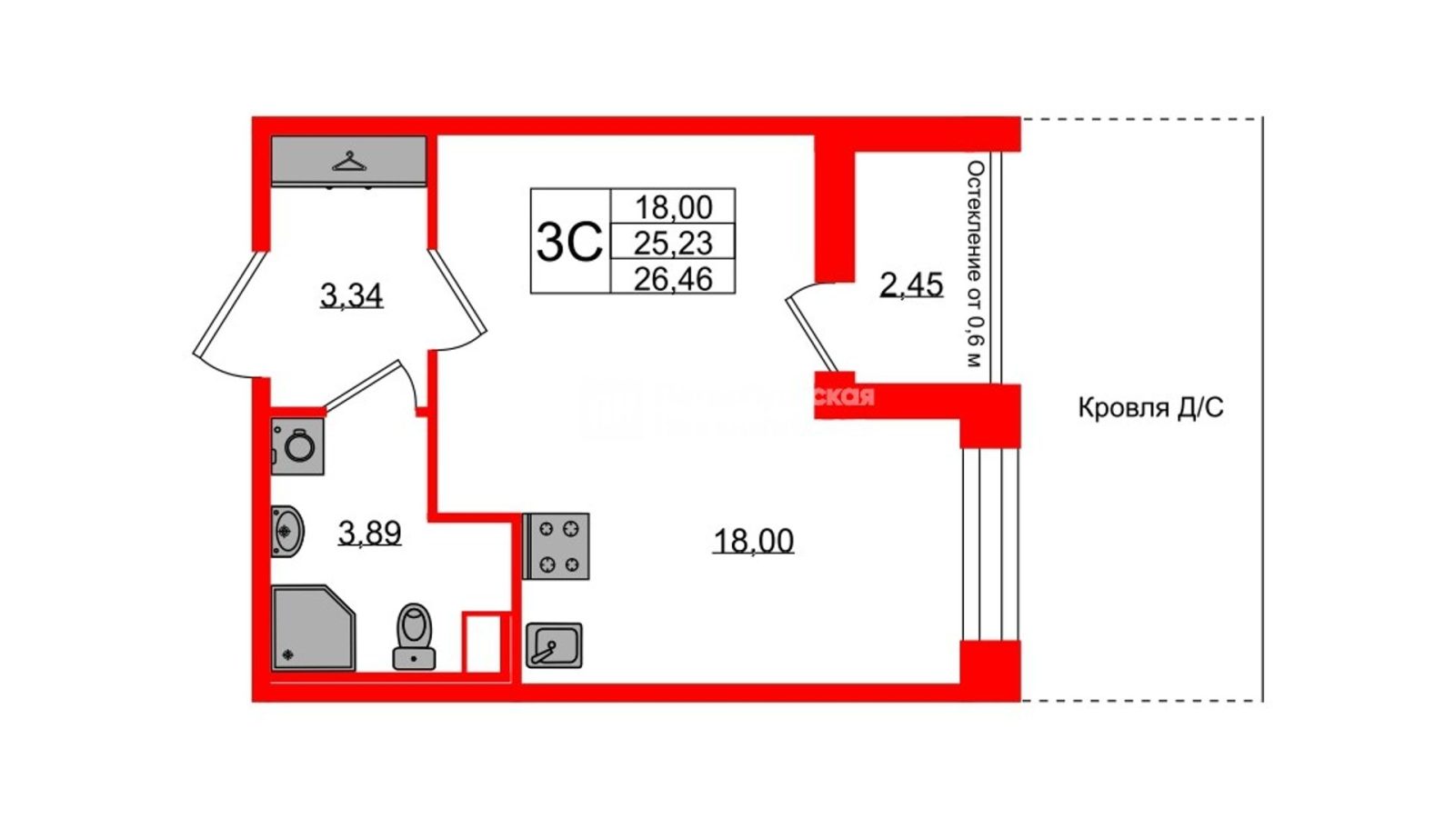 Планировка: студия, 25,2 м²