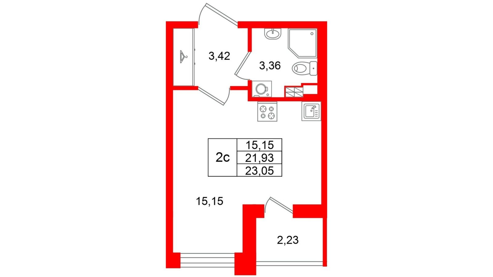 Планировка: студия, 21,9 м²