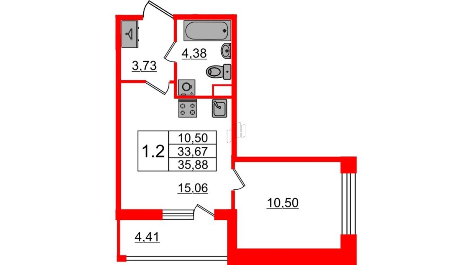 Планировка: 1-комнатная квартира, 33,7 м²