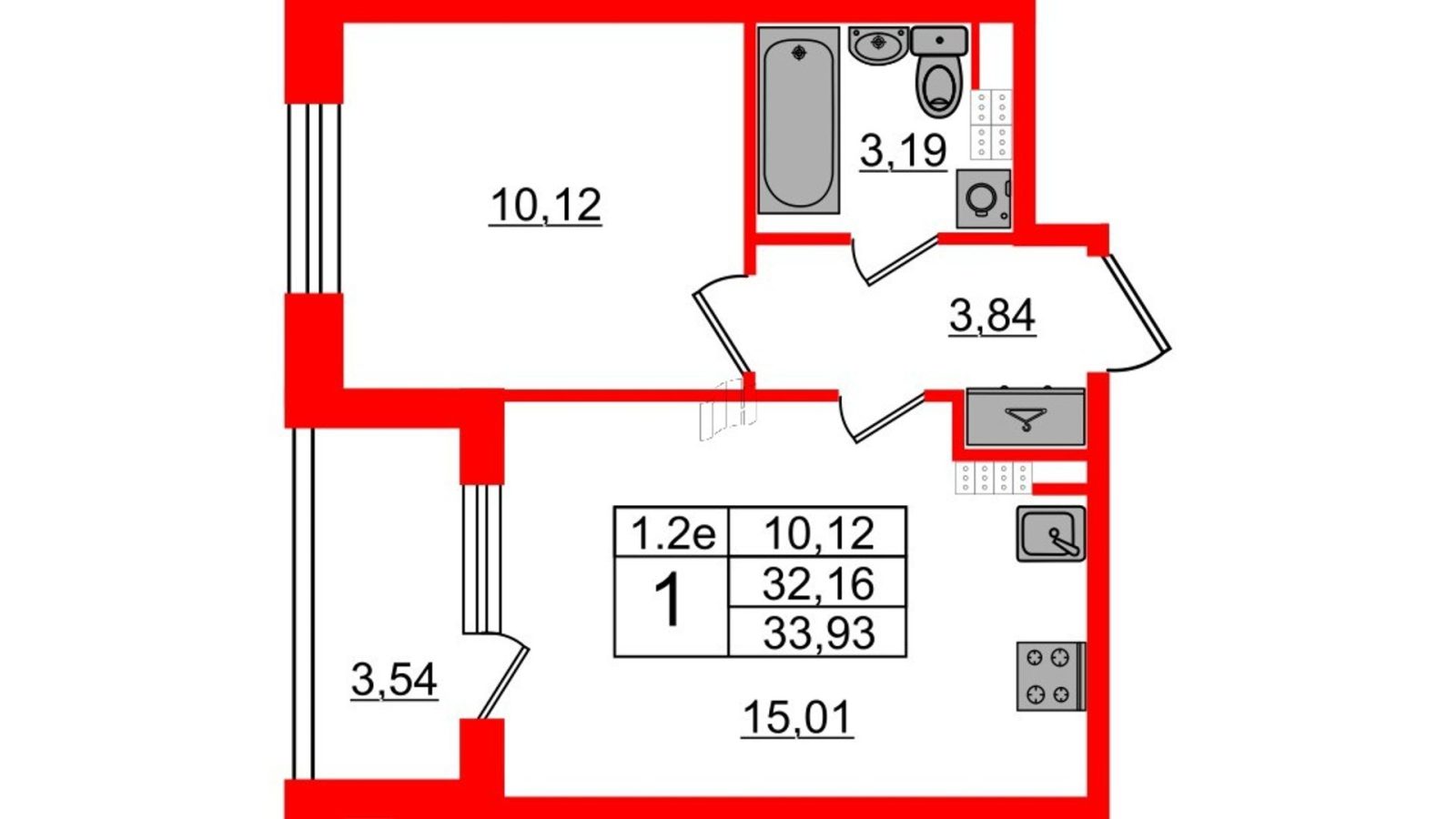 Планировка: 1-комнатная квартира, 31,5 м²