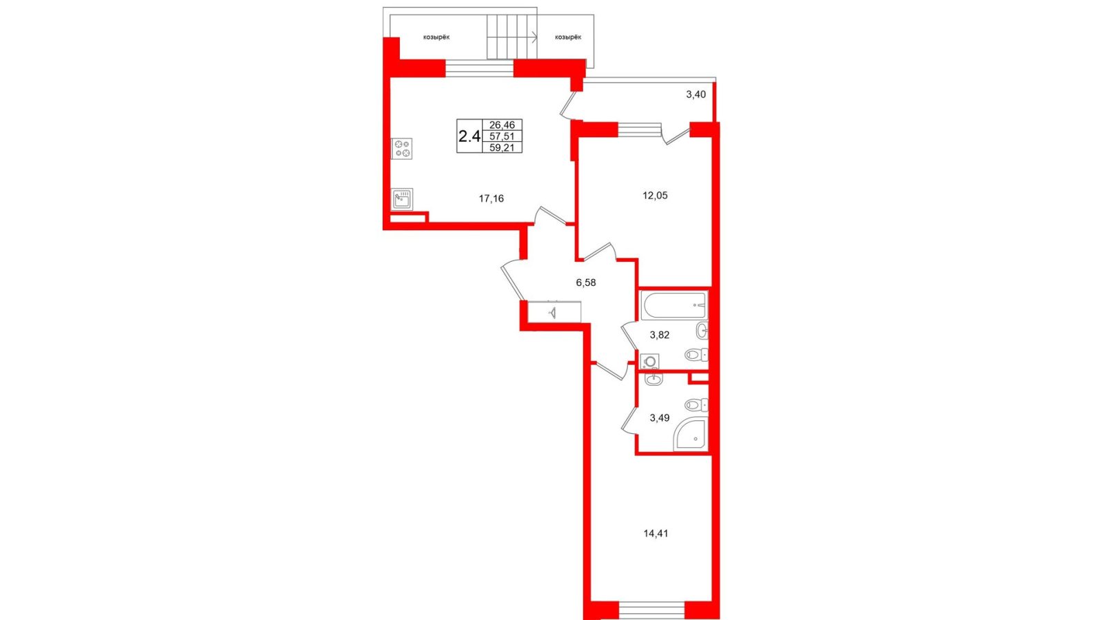 Планировка: 2-комнатная квартира, 57,5 м²