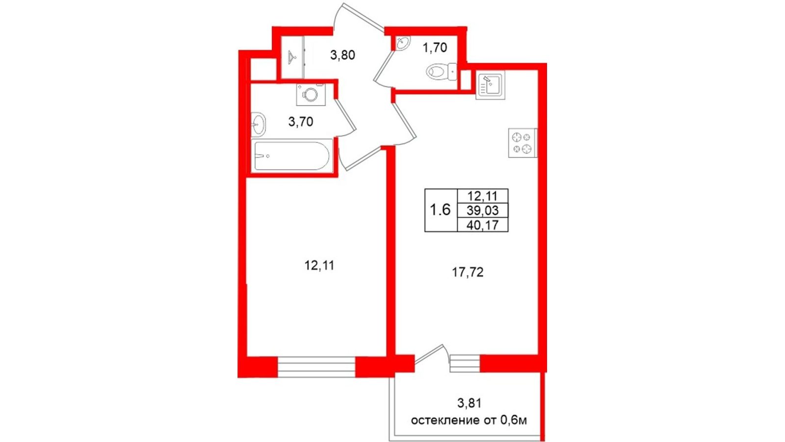 Планировка: 1-комнатная квартира, 39,0 м²