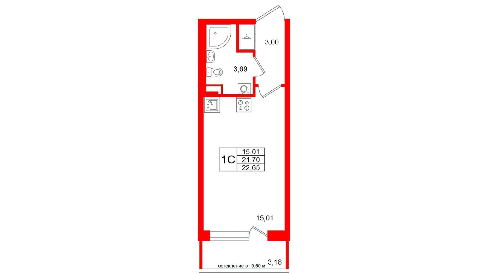 Планировка: студия, 21,7 м²