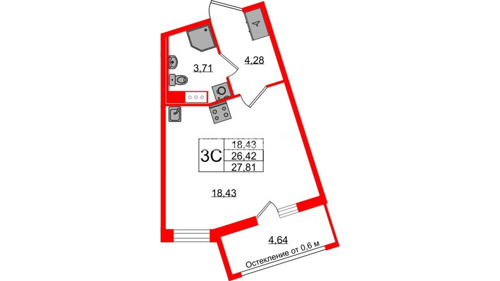 Планировка: студия, 26,4 м²