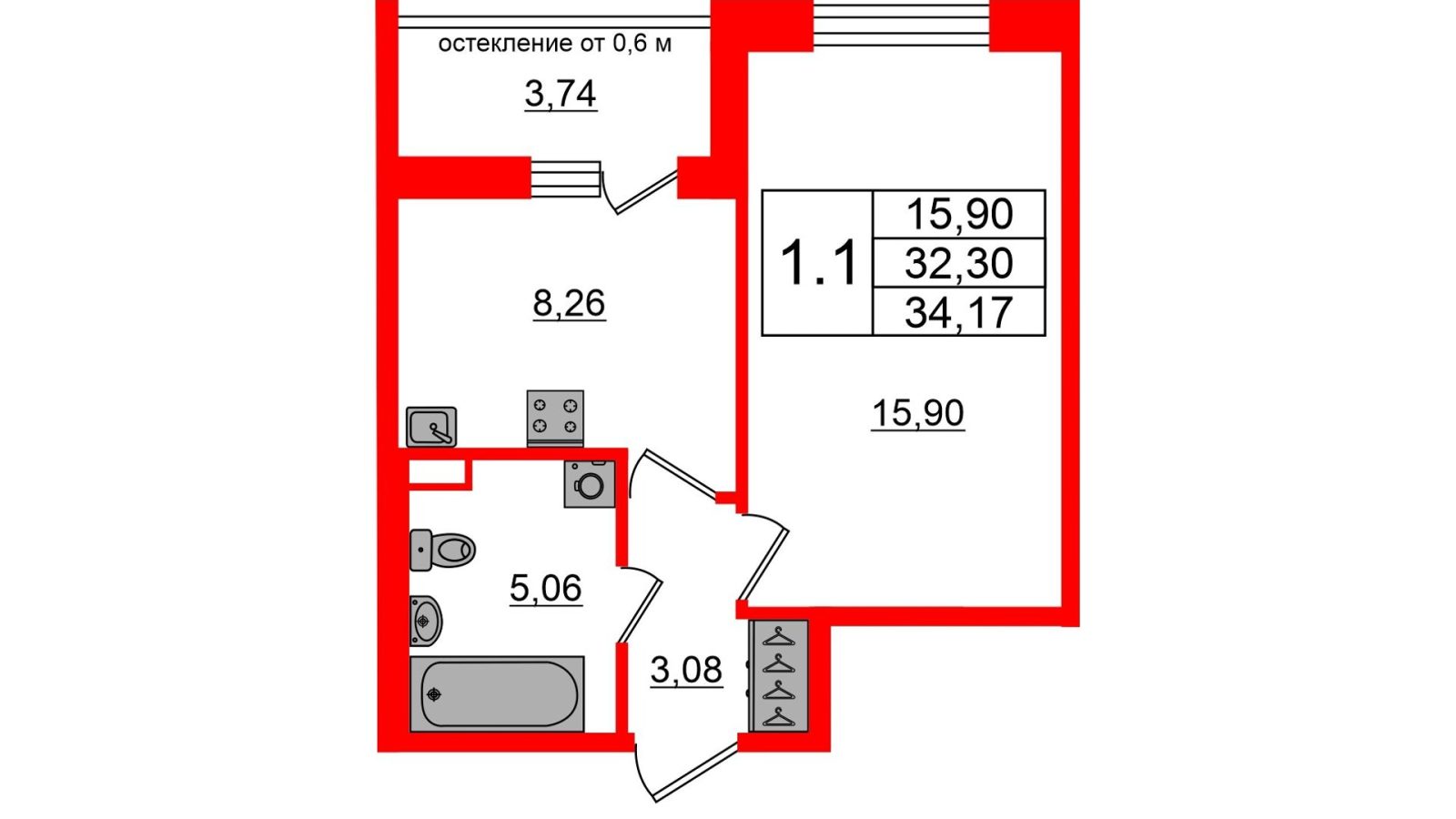 Планировка: 1-комнатная квартира, 32,3 м²