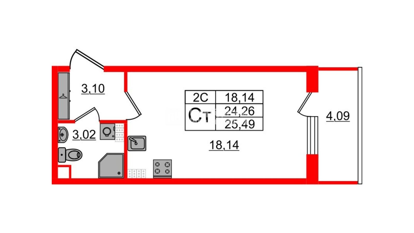 Планировка: студия, 23,9 м²