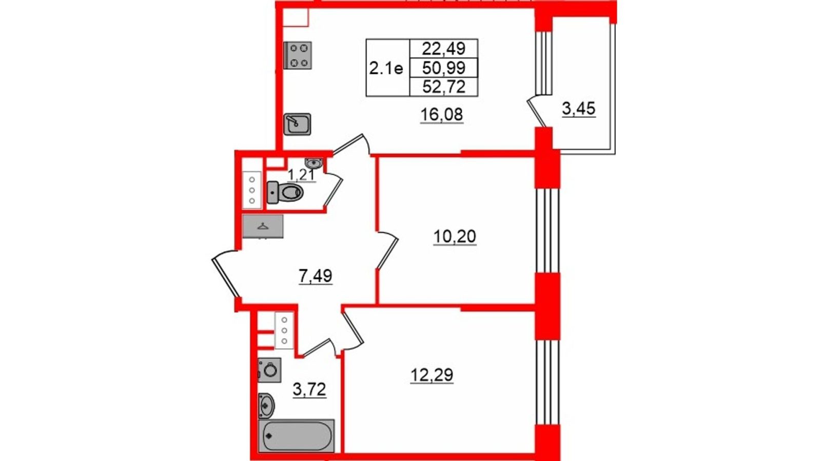 Планировка: 2-комнатная квартира, 51,0 м²